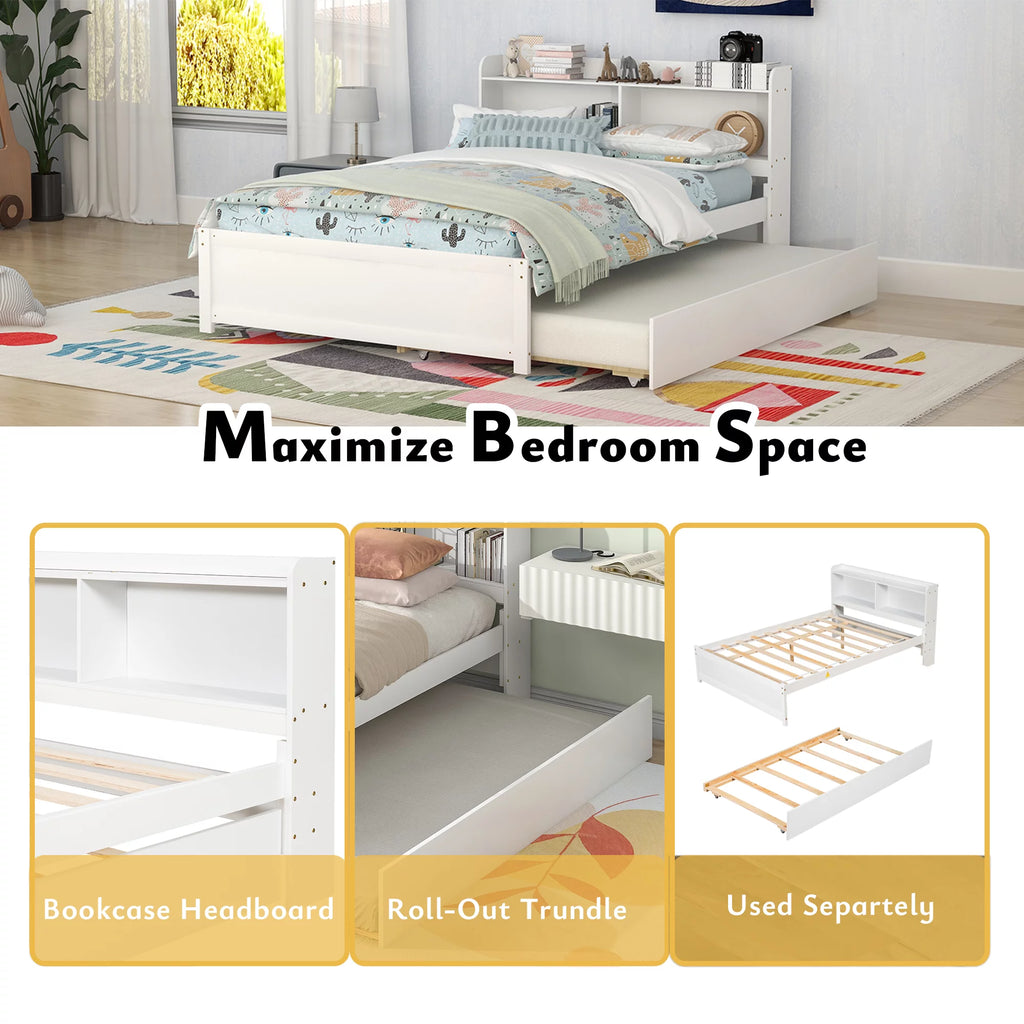White Wood Full Size Trundle Bed with Bookcase Headboard U691