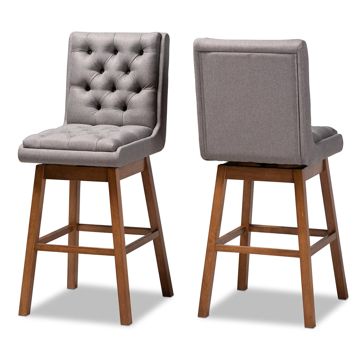 Grey Fabric Upholstered Walnut Brown Wood 2-Piece Swivel Bar Stool Set D64407