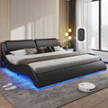 Queen Upholstered Led Bed Frame, Faux PU Leather, Wooden Slats Support, No Box Spring Needed, Black White A839678