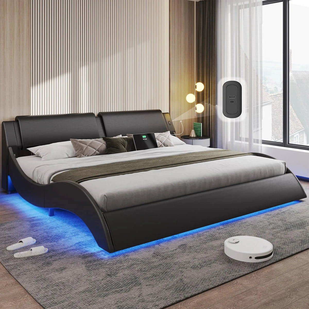 Queen Upholstered Led Bed Frame, Faux PU Leather, Wooden Slats Support, No Box Spring Needed, Black White A839678