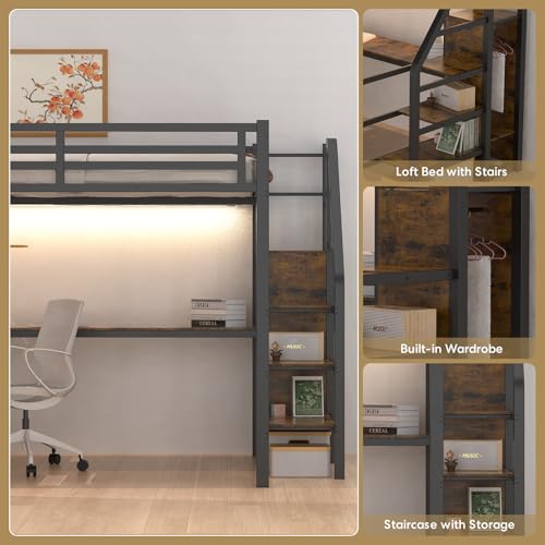 Full Size Black Metal Loft Bed with Desk and Storage Stairs Y2701