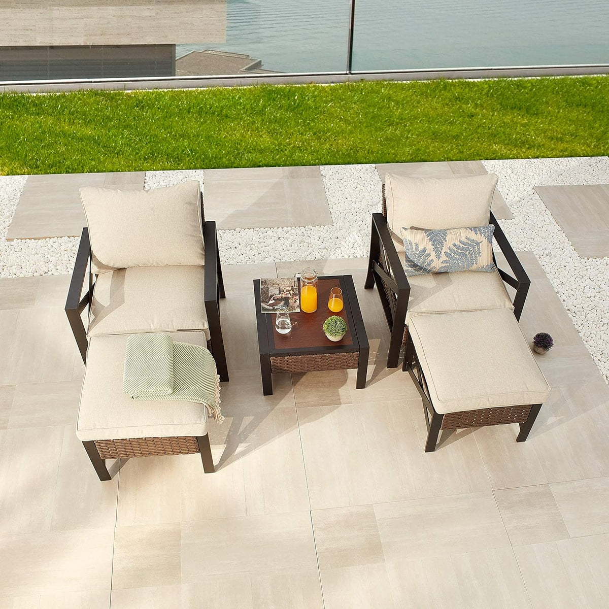 5 Piece Outdoor Wicker Conversation Sofa Set with Cushion and Coffee Table D6444