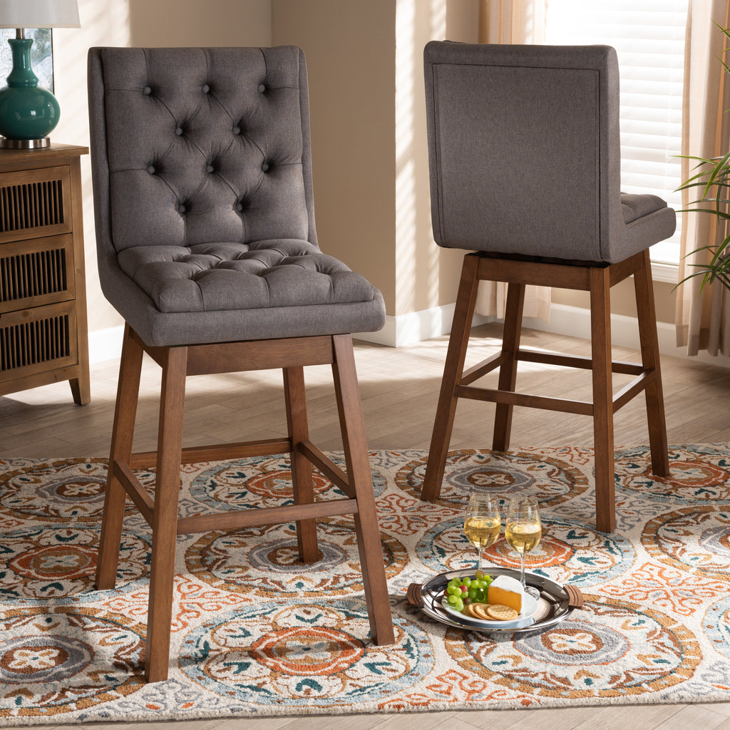 Grey Fabric Upholstered Walnut Brown Wood 2-Piece Swivel Bar Stool Set D64407