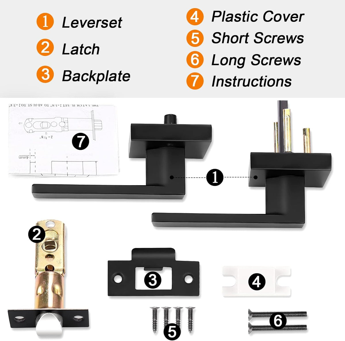 3 Pack Square Passage Door Levers in Matte Black Finish N915