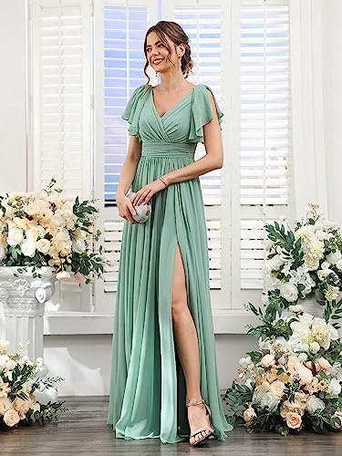 V Neck Flutter Sleeves Chiffon Aline Bridesmaid Dress with Slit P72572
