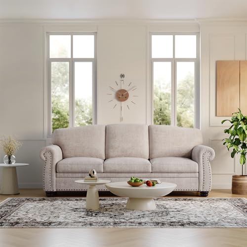 Beige 90 Inch Chenille 3 Seater Sofa with Wooden Leg D42376