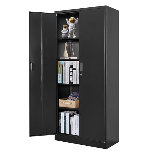 72" Steel Tall Garage Storage Cabinet with Lock, 4 Adjustable Shelves (Black) B982