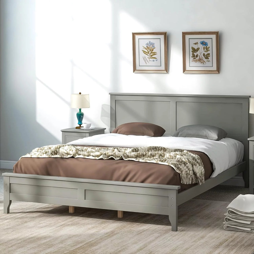 Pine Queen Size Platform Bed Frame with Headboard J5414