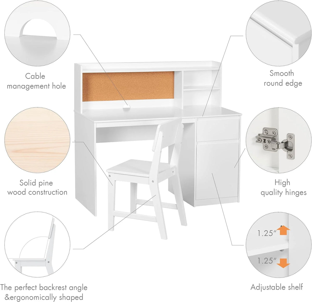 Kids Study Desk and Chair Set with Hutch and Storage Cabinet R8054