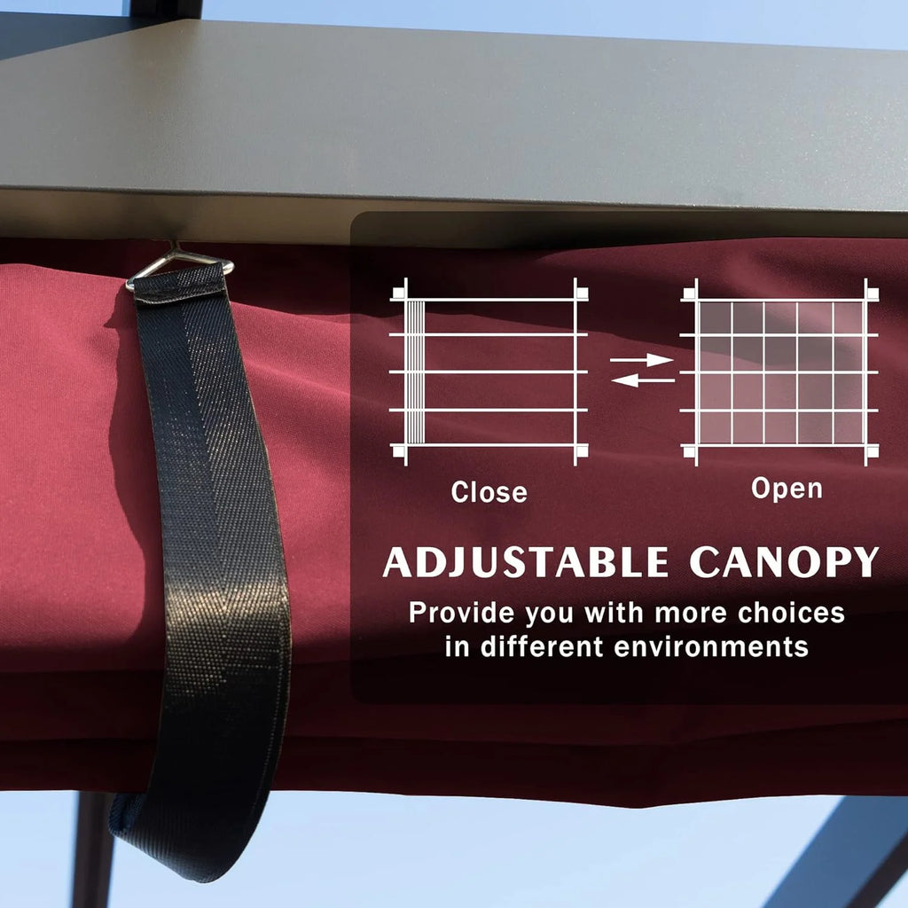 Extra-Large Gray Aluminum Frame Pergola with Sunshade Canopy 10' x 13' Burgundy S721255
