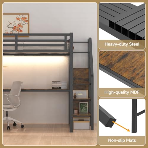 Full Size Black Metal Loft Bed with Desk and Storage Stairs Y2701