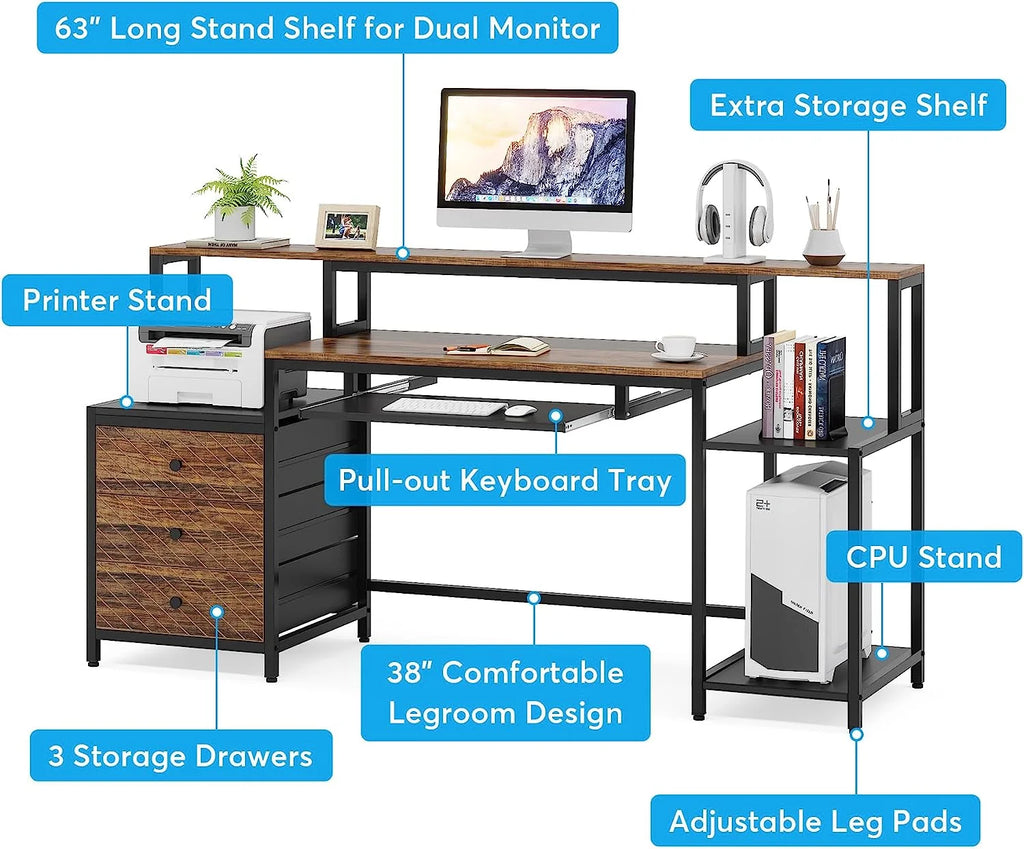 63 inches Computer Desk with 3 Drawers W6790