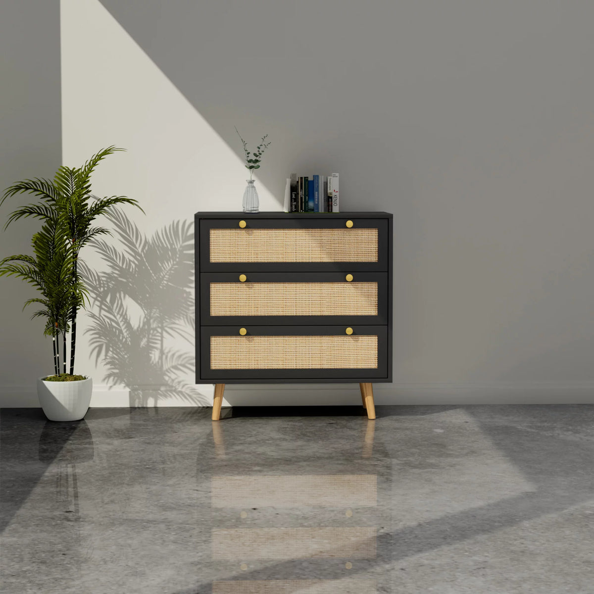 Black 3-Drawer Rattan Dresser Storage Cabinet L567