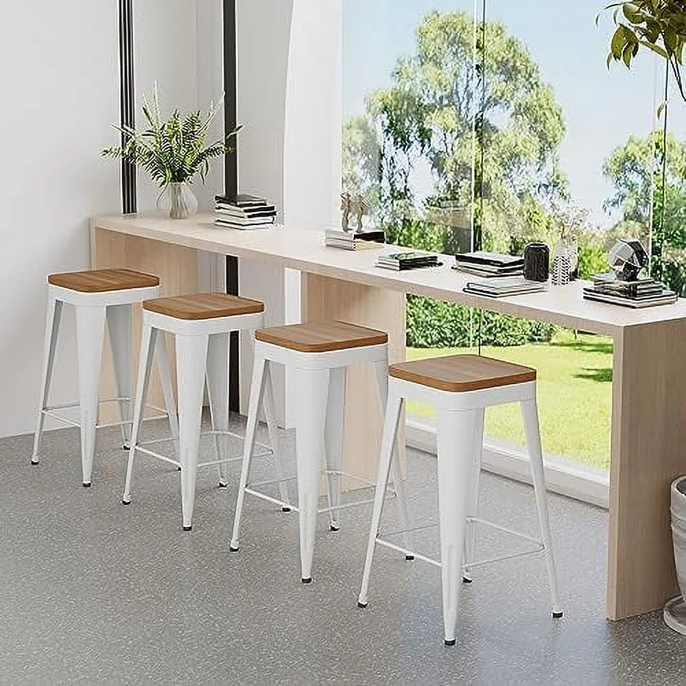 Set of 4 Metal Counter Height Stools with Back and Wooden Seat J741