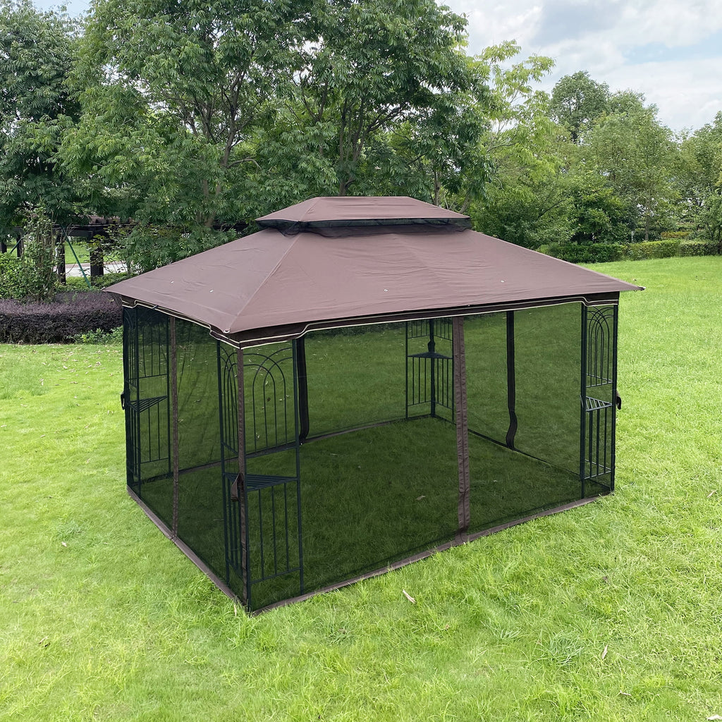Brown Outdoor Patio Gazebo Canopy Tent with Ventilated Double Roof and Mosquito Net A951903