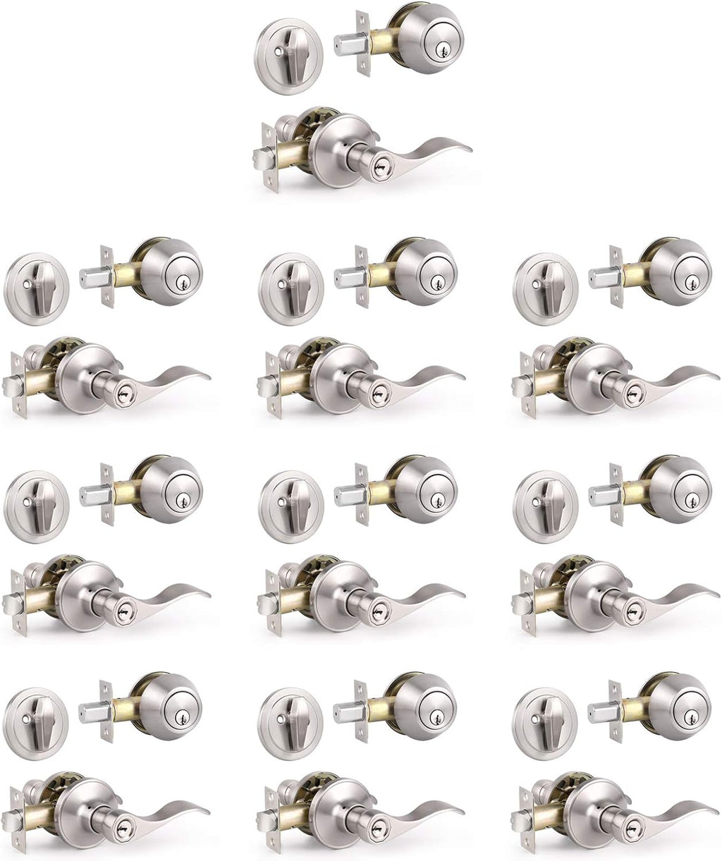 6 Pack Satin Nickel Entry Door Levers with Double Cylinder Deadbolt Handlesets U393220