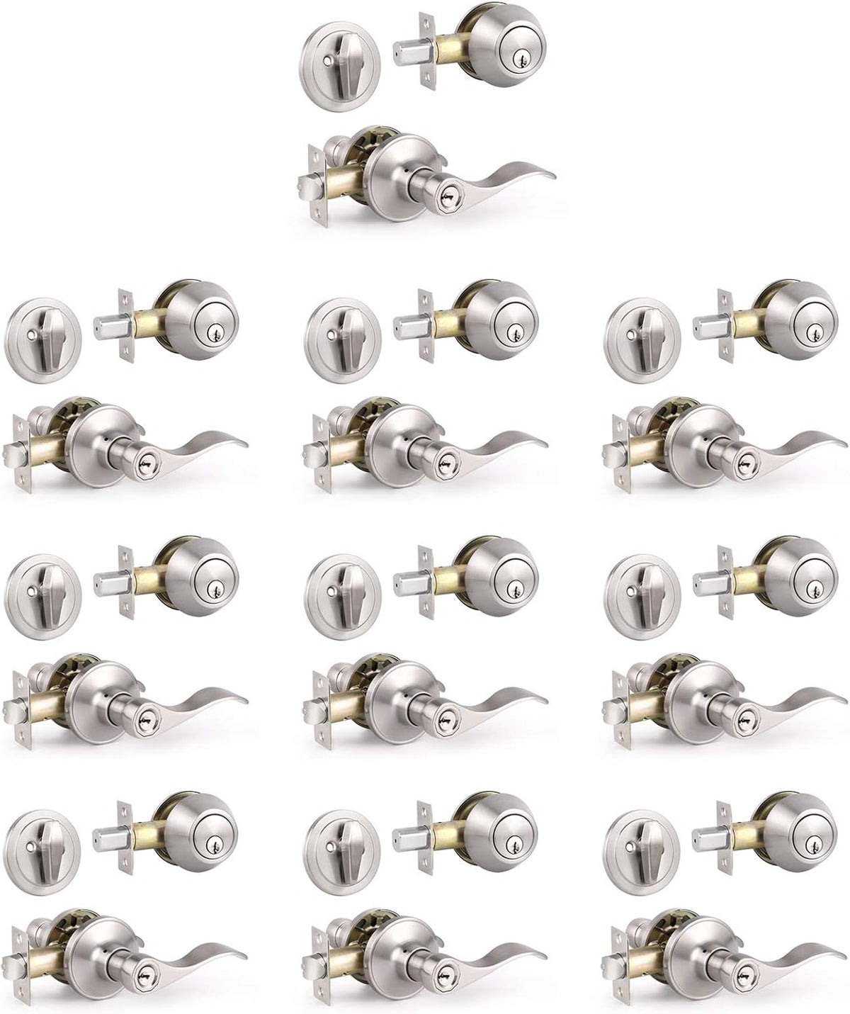 6 Pack Satin Nickel Entry Door Levers with Double Cylinder Deadbolt Handlesets U393220