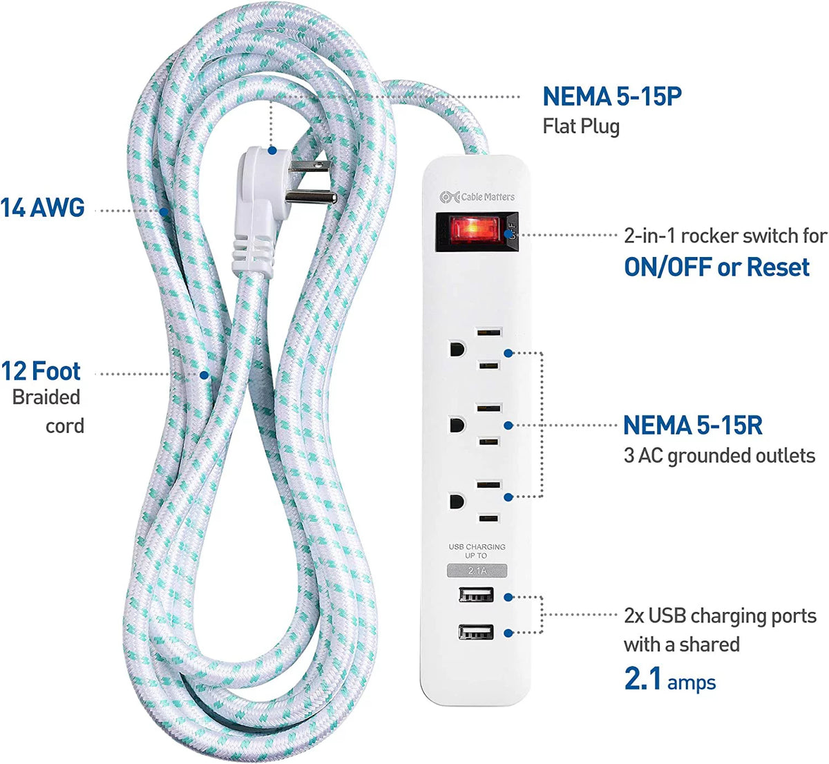 2-Pack 3 Outlet Surge Protector Power Strip with USB Charging Ports White U179
