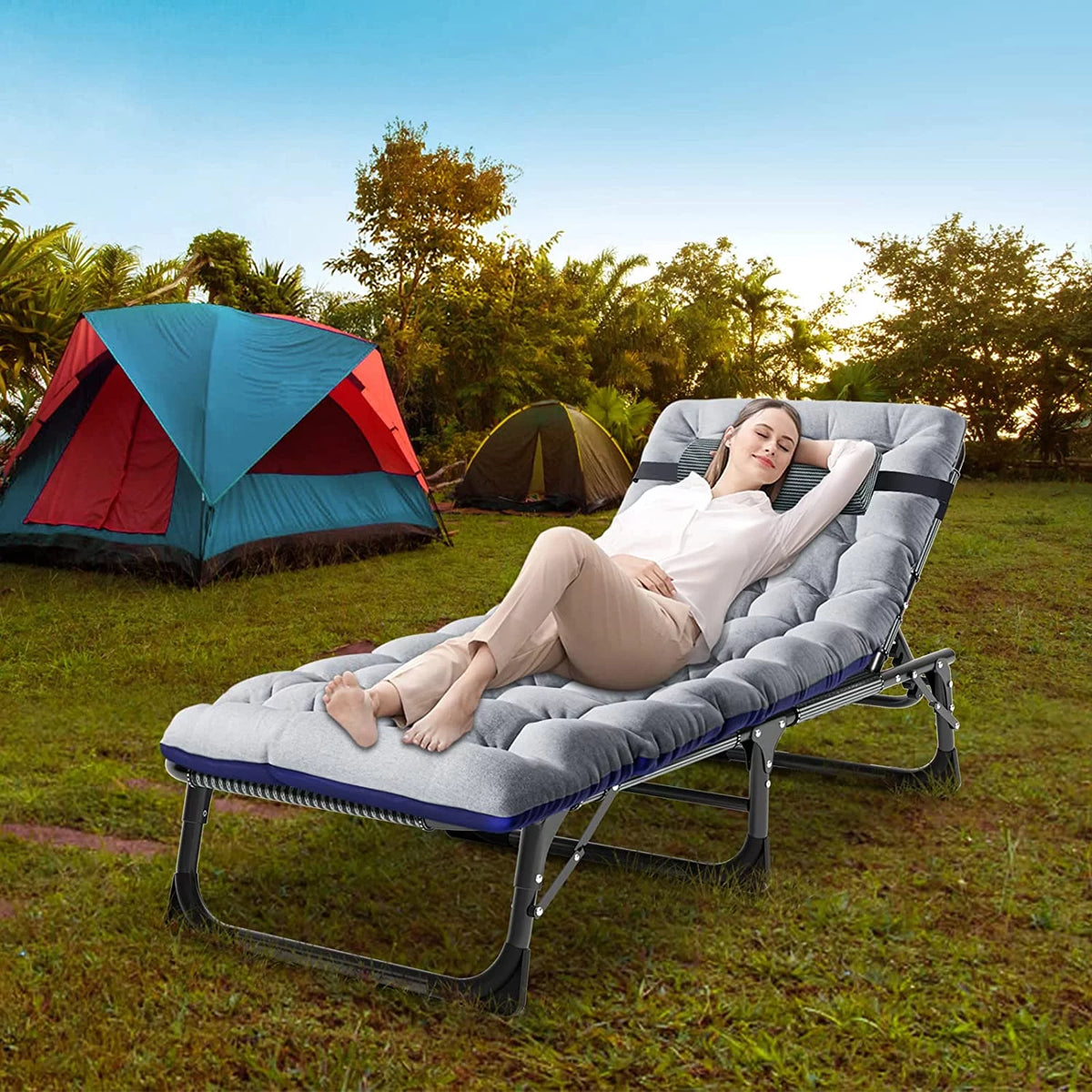 4-Fold Folding Camping Cot with Mattress and Pillow W5562