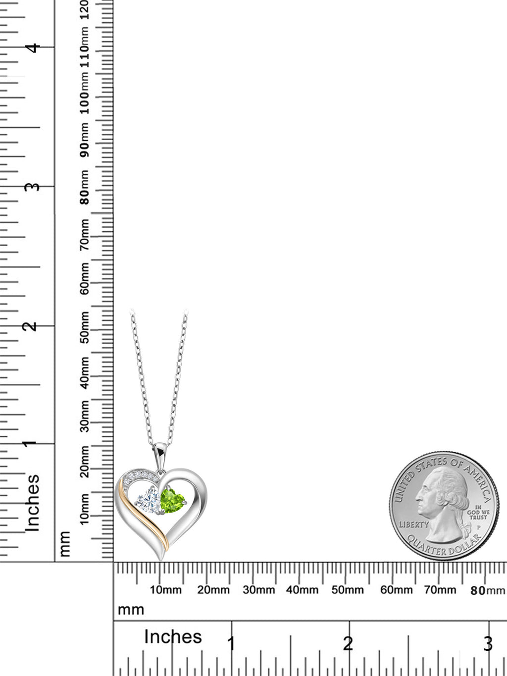925 Silver 10K Yellow Gold Heart Shape Lab Grown Diamond Pendant Necklace with White Moissanite and Green Peridot (0.95 Cttw, Double Heart, 18 inch Chain) P7131