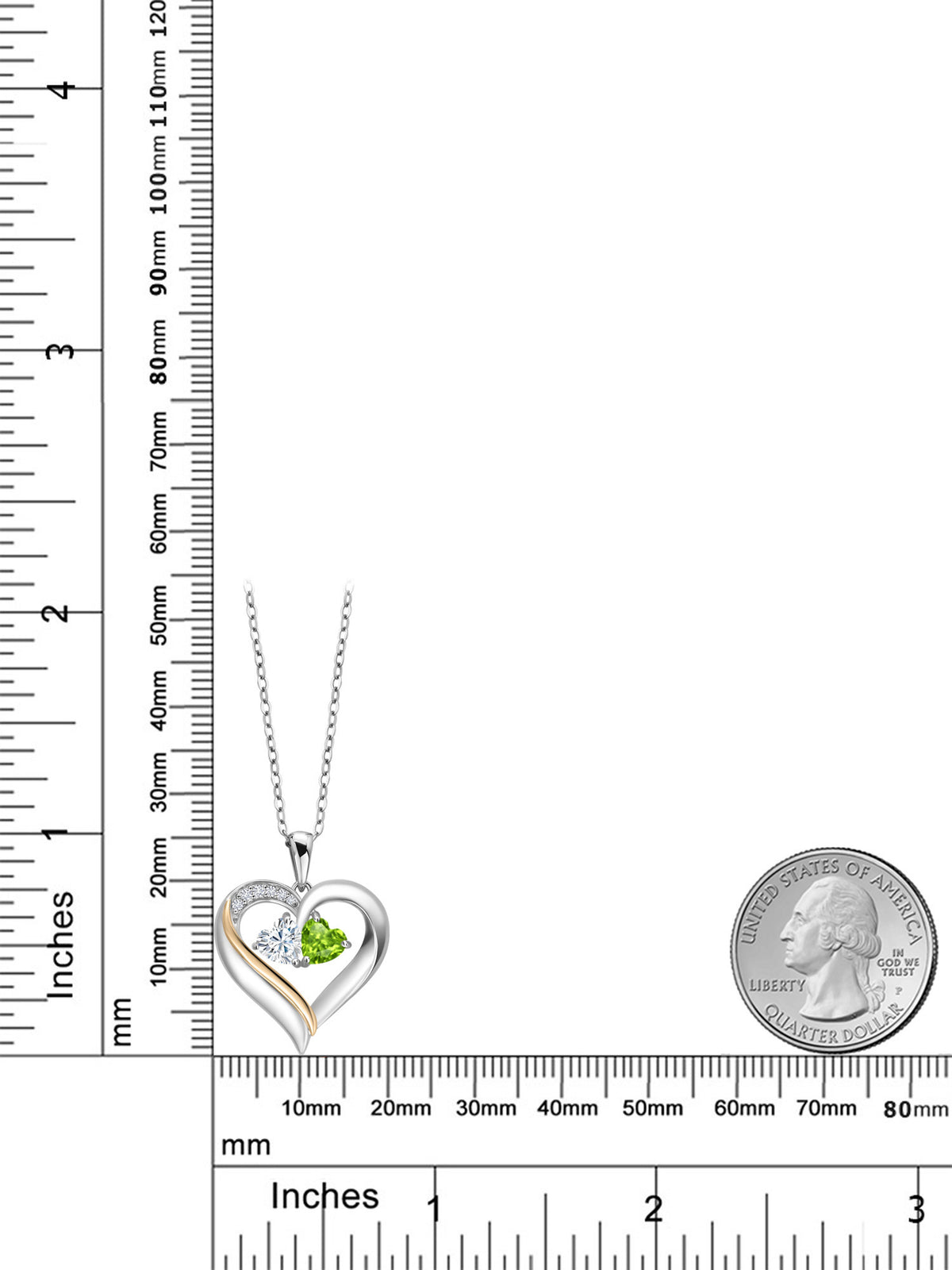 925 Silver 10K Yellow Gold Heart Shape Lab Grown Diamond Pendant Necklace with White Moissanite and Green Peridot (0.95 Cttw, Double Heart, 18 inch Chain) P7131