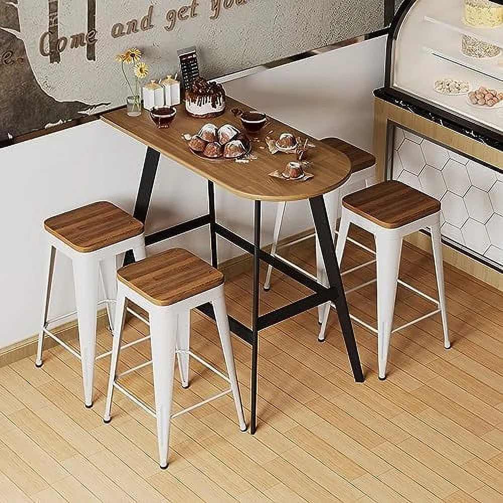 Set of 4 Metal Counter Height Stools with Back and Wooden Seat J741