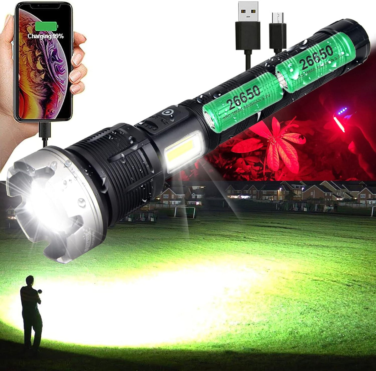 Rechargeable Flashlights High Lumens 1000000 Zoomable 26650 Floodlight Spotlight Strobe Light Lanterns E638