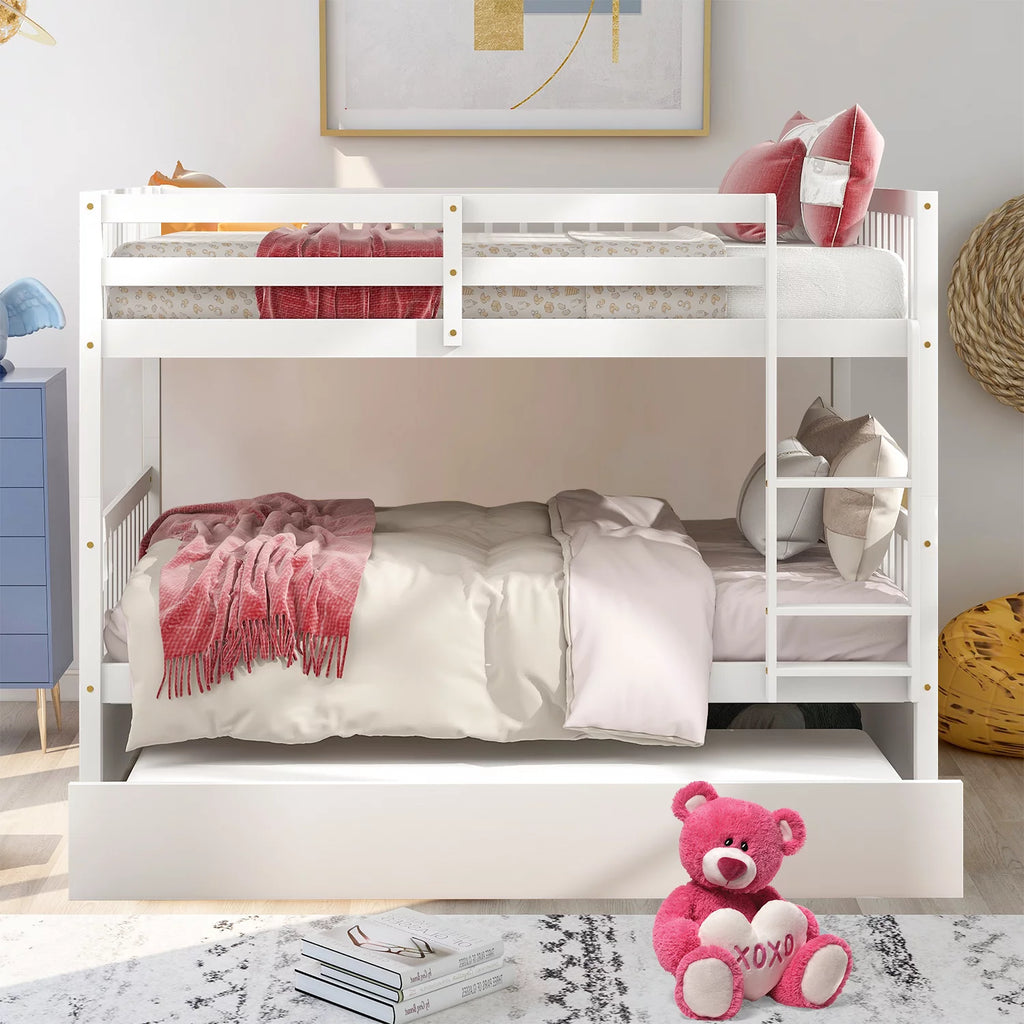 Full Size White Wooden Bunk Bed with Ladder and Trundle R547097