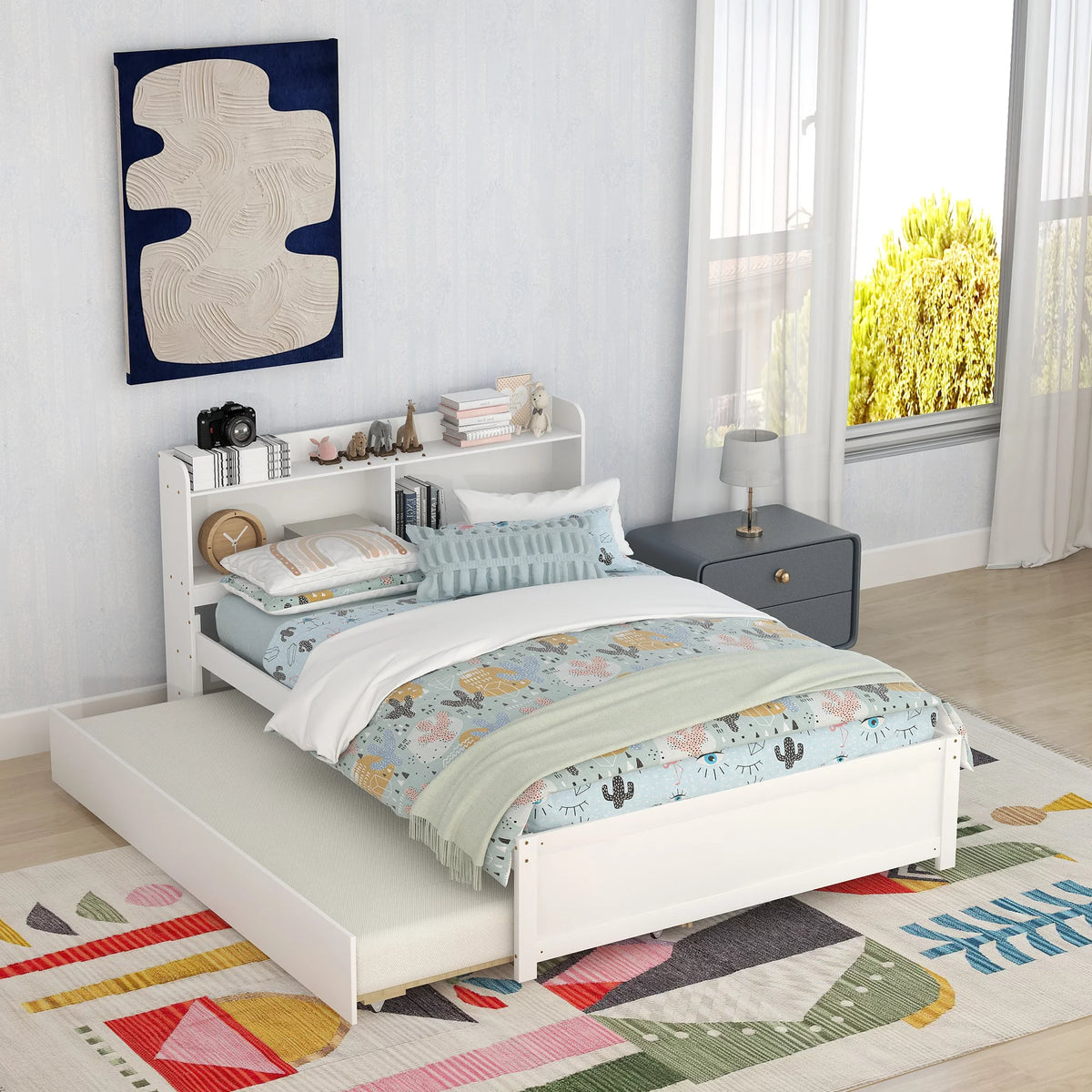 White Wood Full Size Trundle Bed with Bookcase Headboard U691