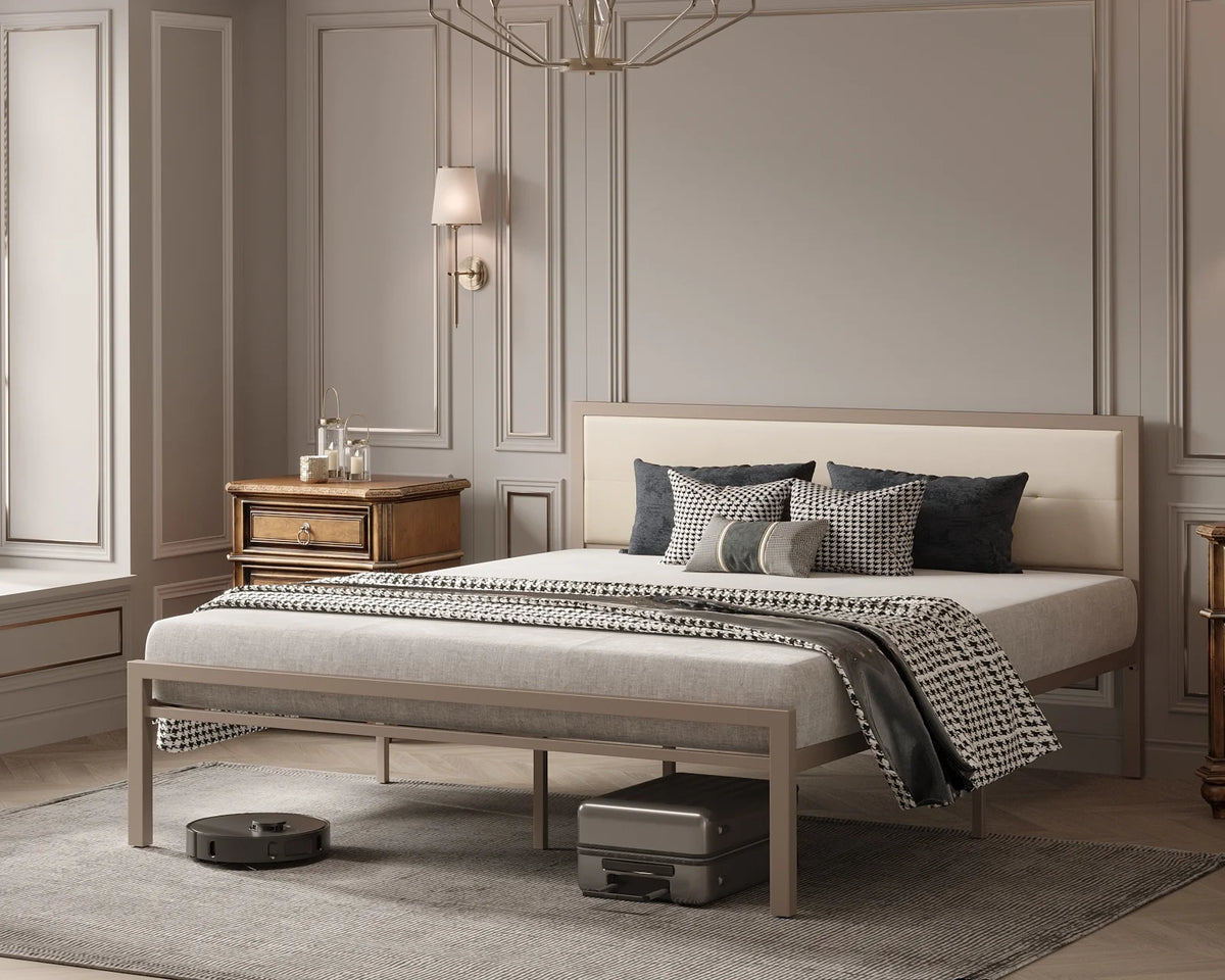 Queen Size Steel Platform Bed Frame with Fabric Headboard X38476
