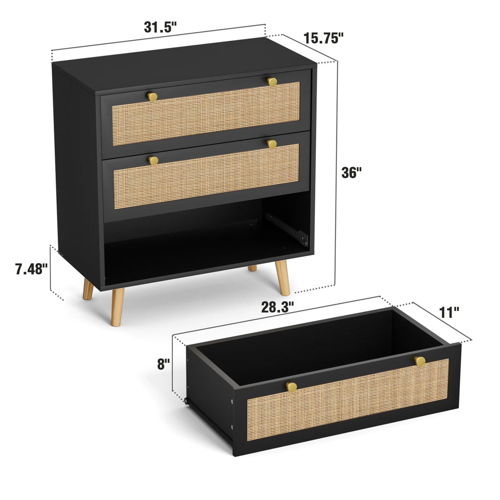 Black 3-Drawer Rattan Dresser Storage Cabinet L567