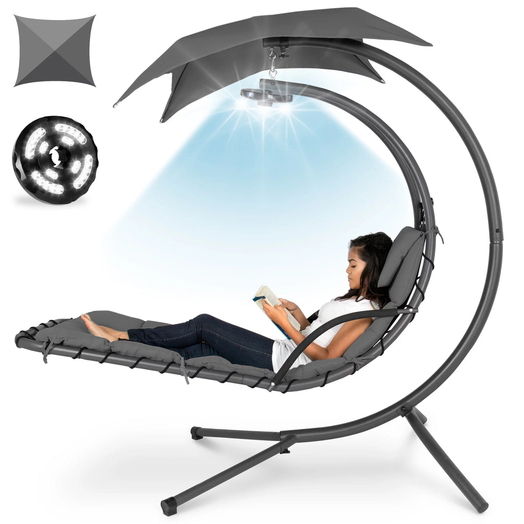 Hanging LED-Lit Curved Chaise Lounge Chair with Pillow, Canopy, Stand - Gray U24490