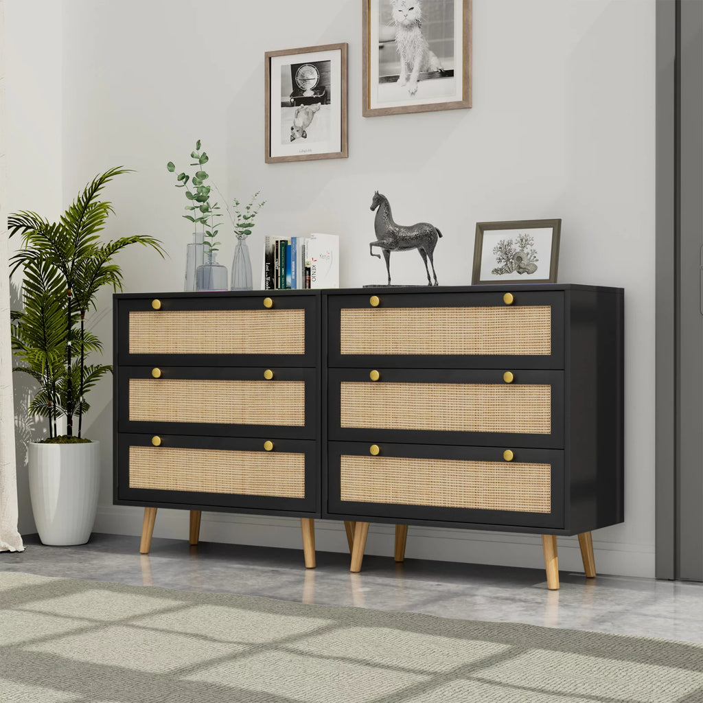 Black 3-Drawer Rattan Dresser Storage Cabinet L567