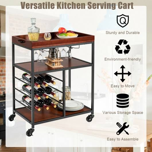3 Tier Bar Serving Cart with Wine Rack and Glass Holder M919316