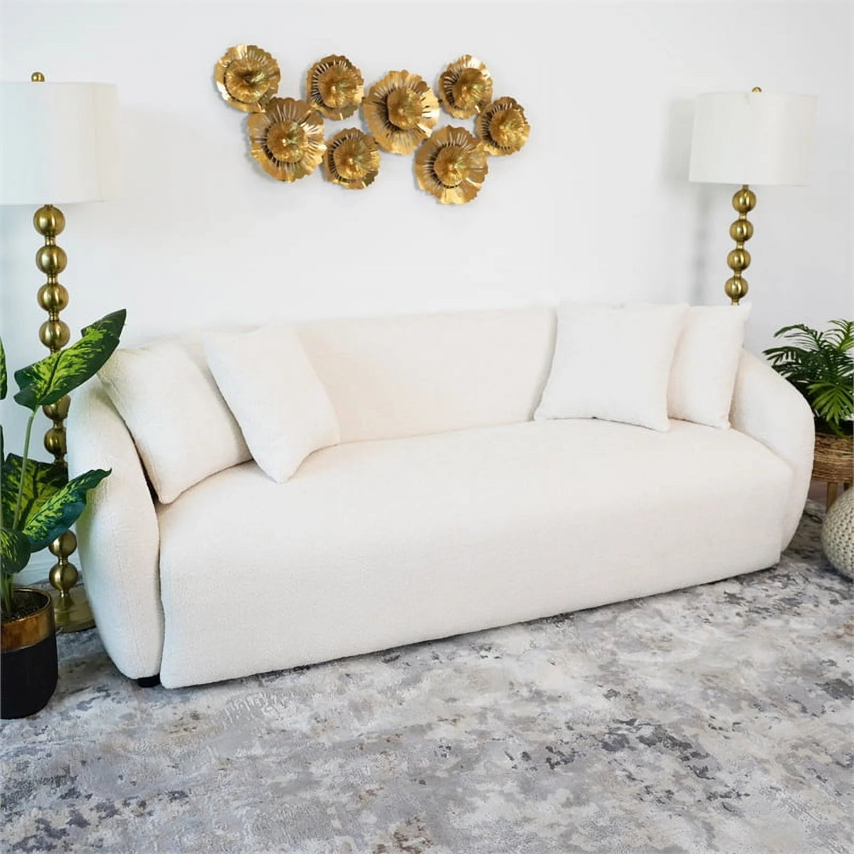 Cream Boucle Fabric Tight Back Couch F72701