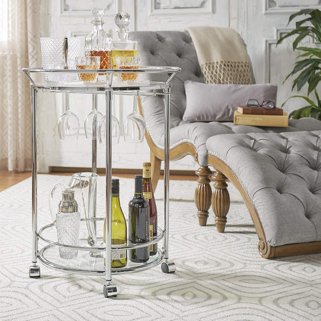 Round Chrome Metal Glass Top Bar Cart L2307