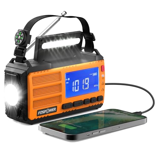 Emergency Weather Radio with Portable Power Bank, Solar Hand Crank Charging, SOS Alarm & Flashlight C3345