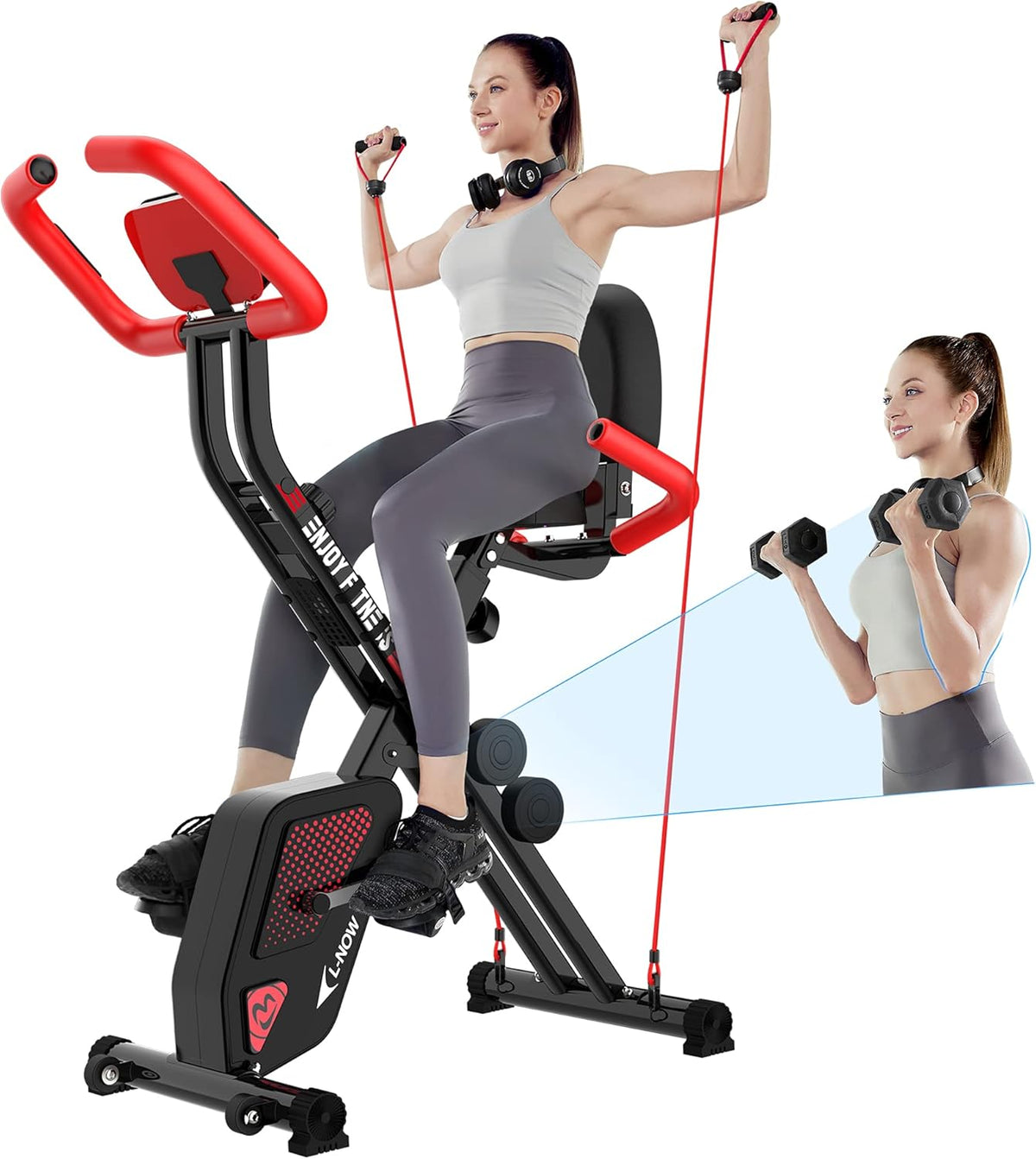 Foldable Exercise Bike with Arm Resistance Bands, Pulse Sensor, LCD Monitor, Dumbbells V326058