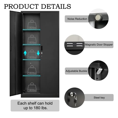 72" Steel Tall Garage Storage Cabinet with Lock, 4 Adjustable Shelves (Black) B982