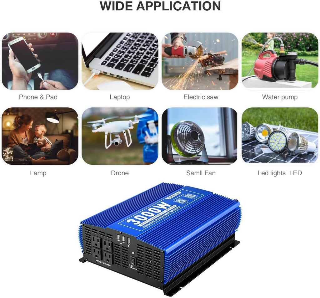 3000W Pure Sine Wave Power Inverter 12V DC to 110V AC with 4 AC Outlets 2 USB Ports S8099
