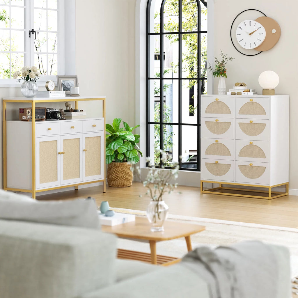 White 8 Drawer Rattan Wood Dresser D6792