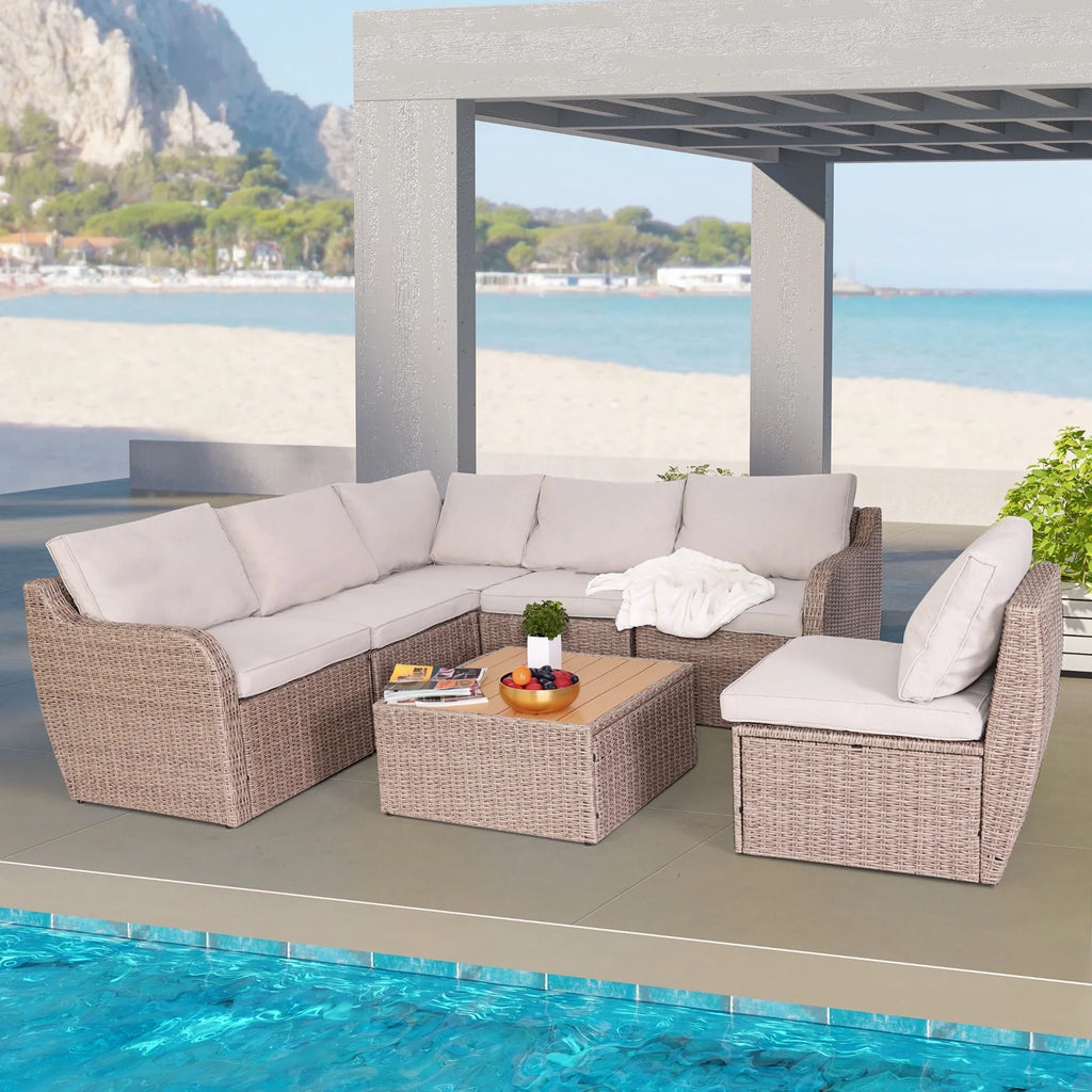 7 Pcs Half-Round Rattan Patio Furniture Set with Cushion and Table D3332
