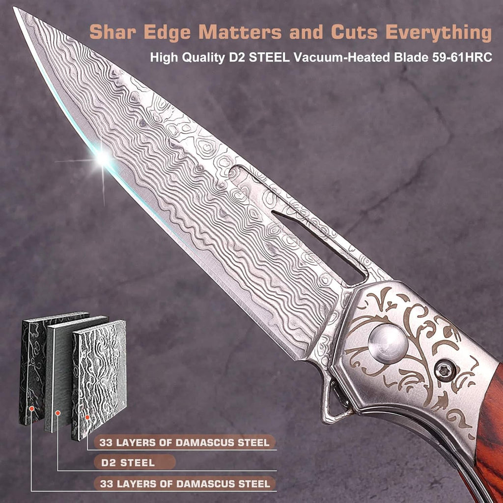Damascus Steel Pocket Knife Red Sandalwood Handle Folding Knife with Sheath O65526