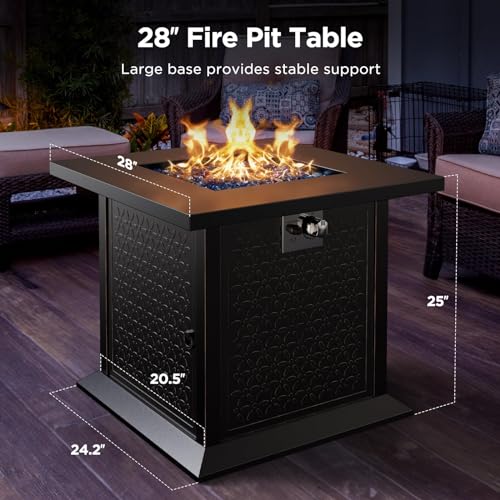 28″ Propane Fire Pit Table with Cup Holders & Hanging Shelf, 50,000 BTU, Glass Stones & Nylon Dust Cover Y473619