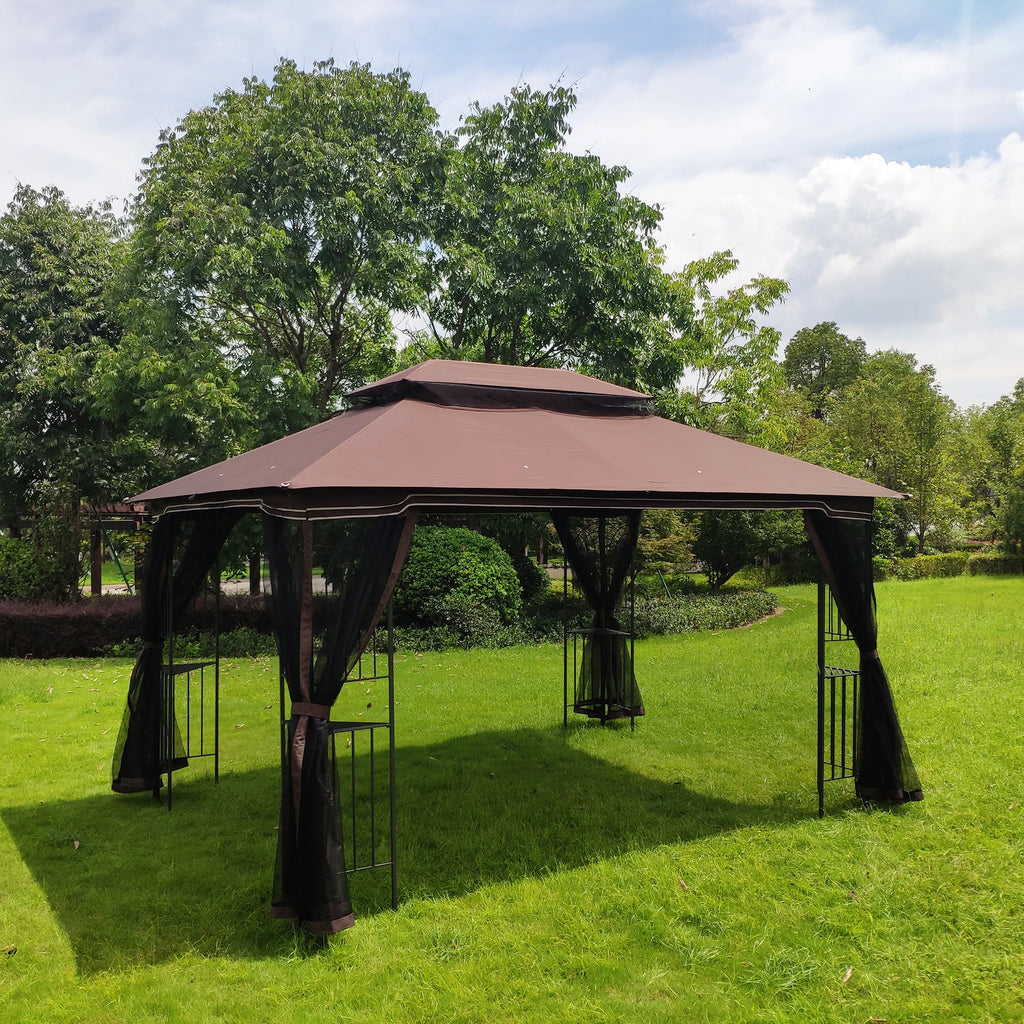 Brown Outdoor Patio Gazebo Canopy Tent with Ventilated Double Roof and Mosquito Net A951903