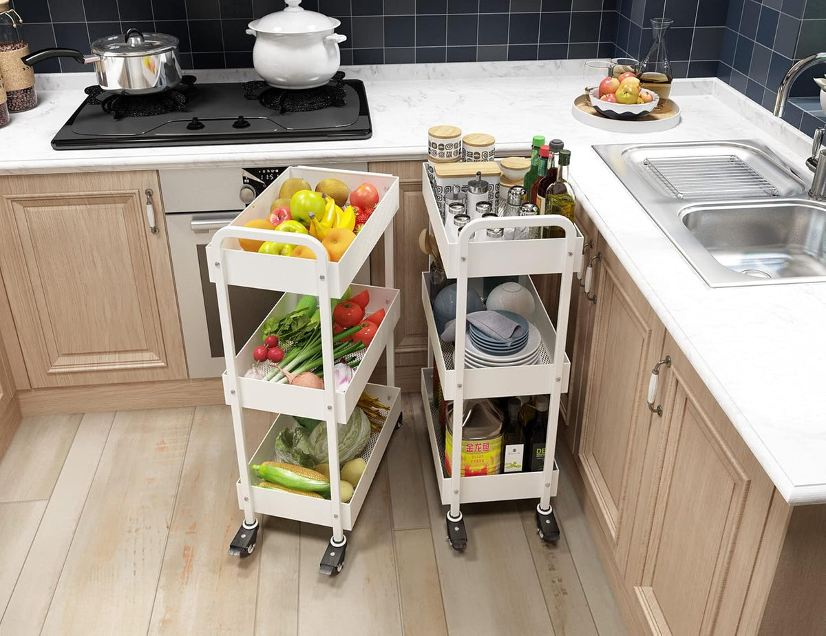 3-Tier White Metal Rolling Storage Cart with Wheels and Handle K85675