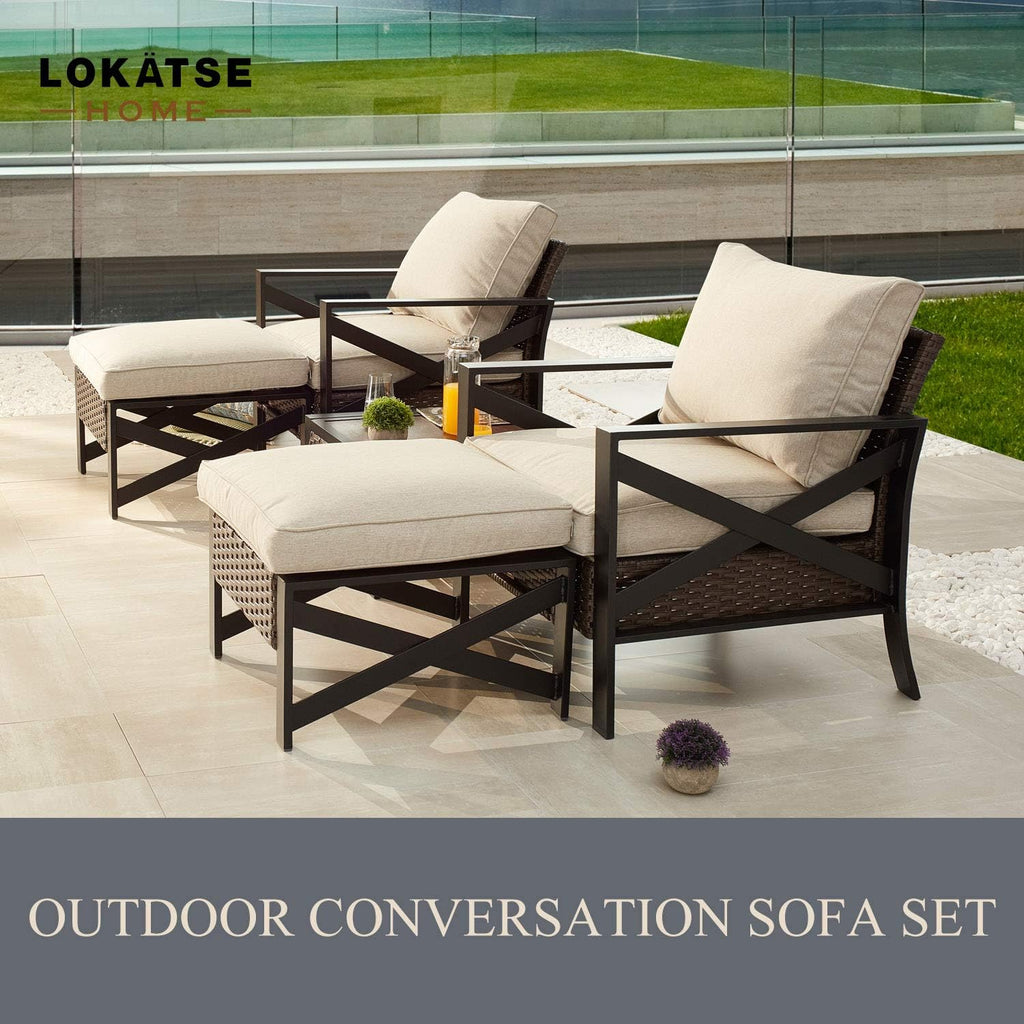 5 Piece Outdoor Wicker Conversation Sofa Set with Cushion and Coffee Table D6444