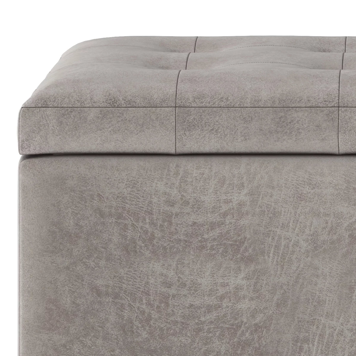 34 inch Wide Rectangle Storage Ottoman in Distressed Grey Taupe Faux Leather A9802