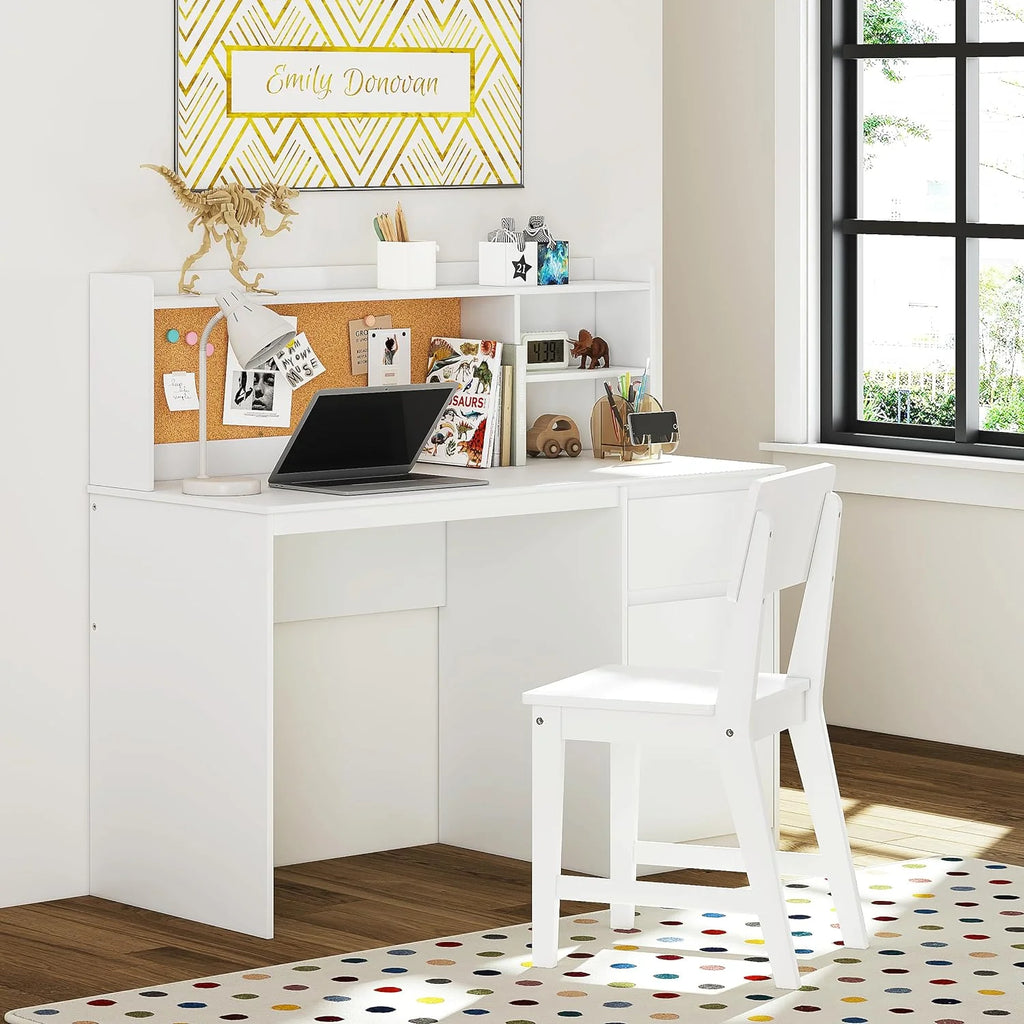 Kids Study Desk and Chair Set with Hutch and Storage Cabinet R8054