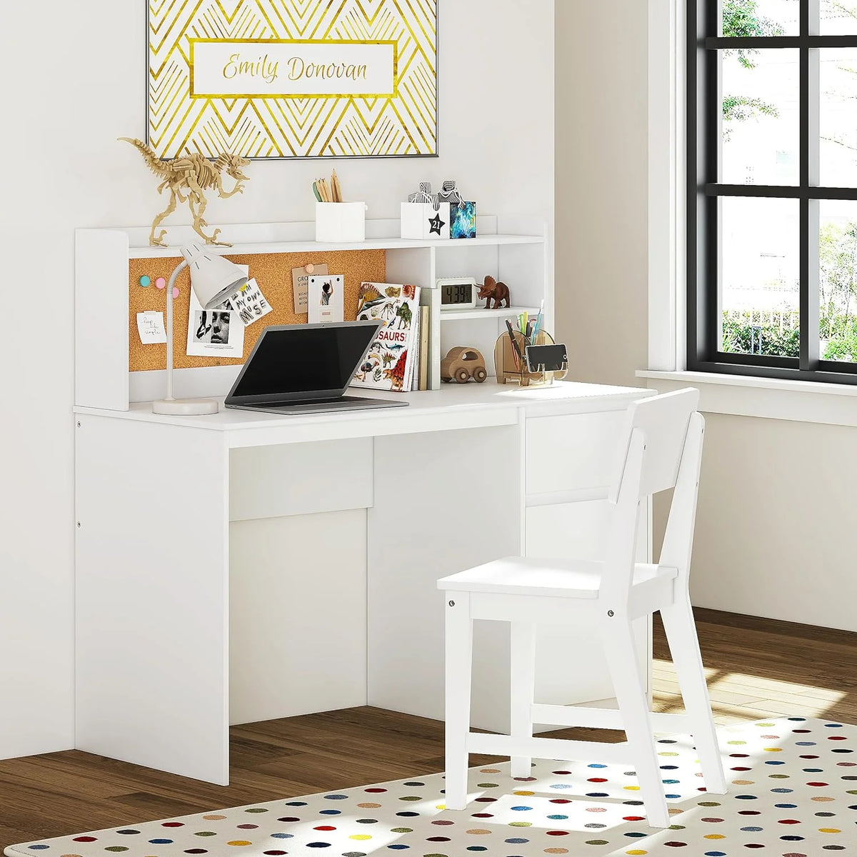 Kids Study Desk and Chair Set with Hutch and Storage Cabinet R8054